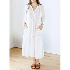 FELICITE Puff Sleeve Maxi Dress in White Tiered V-neck Long Sleeve Pockets Small
